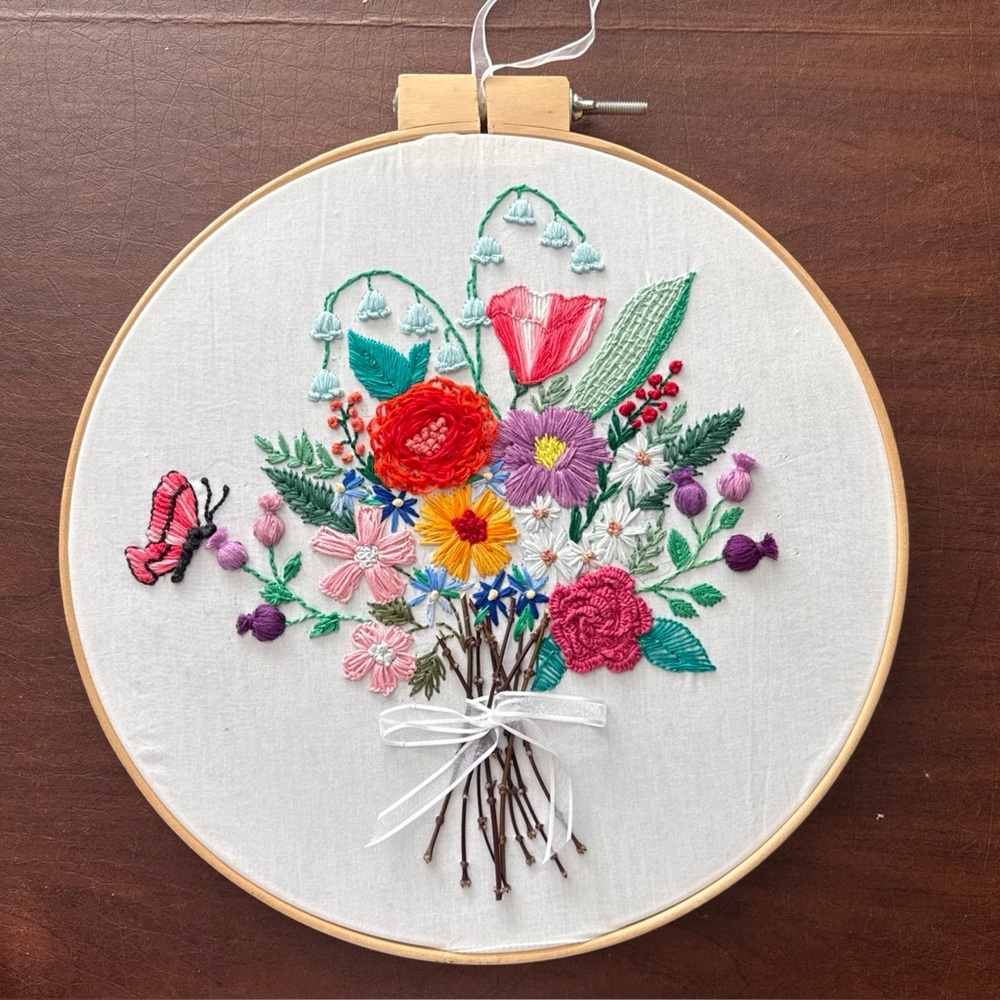 Finished Hand Embroidery Hoop Artwork “Summer Bouquet”; 14” Dia.